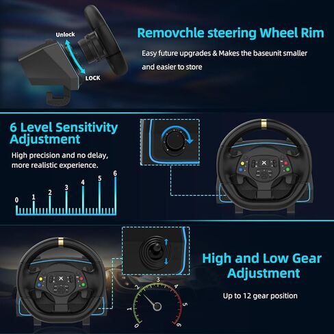 عجلة سباق DOYO، عجلة قيادة ألعاب Sim Racing 1080 درجة مع 3 دواسات وحزمة ناقل الحركة للكمبيوتر الشخصي، عجلة قيادة الكمبيوتر التعريفي المغناطيسي مع ردود فعل الاهتزاز، حساسية قابلة للتعديل in Kuwait
