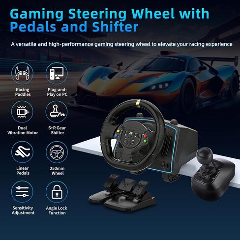 عجلة سباق DOYO، عجلة قيادة ألعاب Sim Racing 1080 درجة مع 3 دواسات وحزمة ناقل الحركة للكمبيوتر الشخصي، عجلة قيادة الكمبيوتر التعريفي المغناطيسي مع ردود فعل الاهتزاز، حساسية قابلة للتعديل in Kuwait