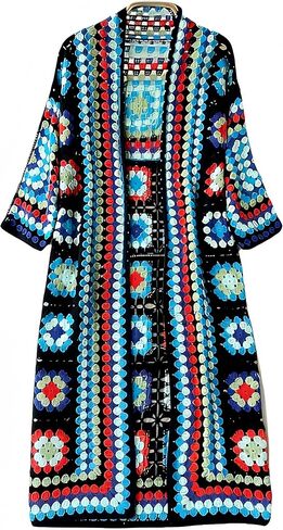 Red and Blue Bohemian Crochet Kimono, Long Lacy Beach Cover Up, Handmade Vintage Resort Cardigan in Saudi Arabia