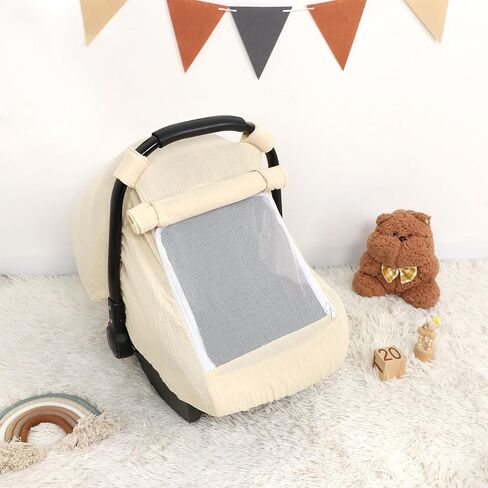 Car Seat Cover Baby, Summer Carseat Covers for Babies Girls Boys Breathable Muslin Cotton HNHUAMING Infant Car Seat Canopy with Large Mesh Window, Cozy & Windproof Newborn Stroller Cover, Green in Saudi Arabia