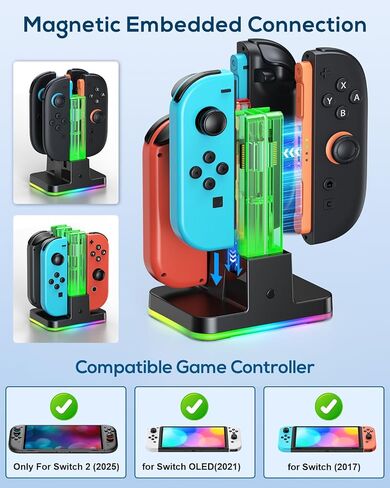 قاعدة شحن لوحدة التحكم Joycon 2، قاعدة شحن لوحدة تحكم Nintendo Switch 2 مع سلك شحن USB من النوع C (أسود، 6.3/7.0/7.9 بوصة سويتش 1 و2) in Kuwait