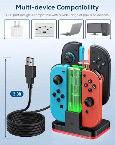 قاعدة شحن لوحدة التحكم Joycon 2، قاعدة شحن لوحدة تحكم Nintendo Switch 2 مع سلك شحن USB من النوع C (أسود، 6.3/7.0/7.9 بوصة سويتش 1 و2) in Kuwait