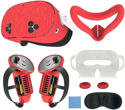Silicone Protective Cover Set 7 in 1 for Meta For VR Headset and Accessories, Includes Anti-Leakage Nose Pad, Lens Cover, Handle Grips, Joystick, Soft For(red) in Kuwait