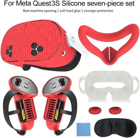 Silicone Protective Cover Set 7 in 1 for Meta For VR Headset and Accessories, Includes Anti-Leakage Nose Pad, Lens Cover, Handle Grips, Joystick, Soft For(red) in Kuwait
