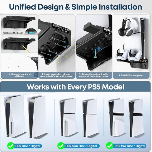 P5/Slim/Pro Wall Mount Kit with Cooling Fan & Charging Station, P5 Shelf Floating Mount for PA 5/Slim/Pro Disc & Digital Console, PA 5 Wall Bracket Behind TV, PS Five Accessories, Black in Saudi Arabia