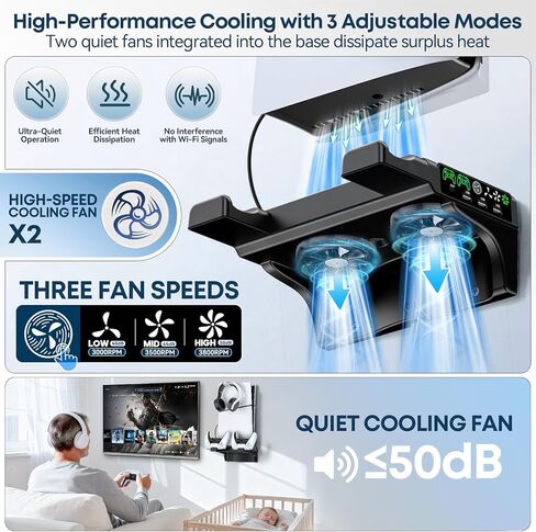 P5/Slim/Pro Wall Mount Kit with Cooling Fan & Charging Station, P5 Shelf Floating Mount for PA 5/Slim/Pro Disc & Digital Console, PA 5 Wall Bracket Behind TV, PS Five Accessories, Black in Saudi Arabia