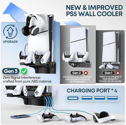 P5/Slim/Pro Wall Mount Kit with Cooling Fan & Charging Station, P5 Shelf Floating Mount for PA 5/Slim/Pro Disc & Digital Console, PA 5 Wall Bracket Behind TV, PS Five Accessories, Black in Saudi Arabia