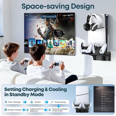 P5/Slim/Pro Wall Mount Kit with Cooling Fan & Charging Station, P5 Shelf Floating Mount for PA 5/Slim/Pro Disc & Digital Console, PA 5 Wall Bracket Behind TV, PS Five Accessories, Black in Saudi Arabia