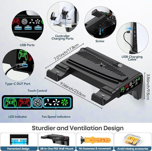 P5/Slim/Pro Wall Mount Kit with Cooling Fan & Charging Station, P5 Shelf Floating Mount for PA 5/Slim/Pro Disc & Digital Console, PA 5 Wall Bracket Behind TV, PS Five Accessories, Black in Saudi Arabia