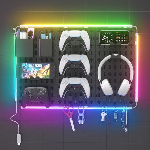 KDD 9 in 1 RGB Gaming Wall Organizer Peg Board - مجموعة مجموعة Pegboard DIY مع حامل الهاتف / حامل القلم / صندوق التخزين / سماعة الرأس وحامل وحدة التحكم / الخطافات لإكسسوارات ديكور غرفة الألعاب في المكتب والمنزل in Kuwait