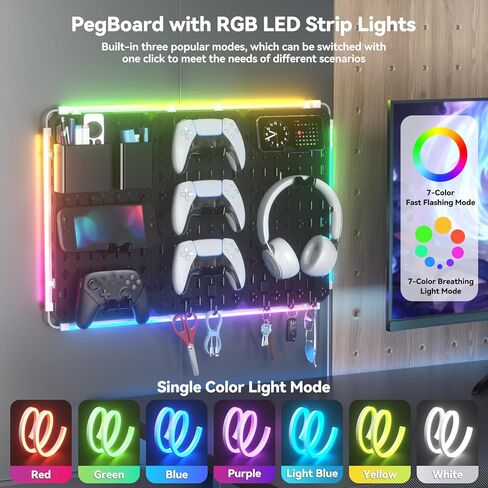 KDD 9 in 1 RGB Gaming Wall Organizer Peg Board - مجموعة مجموعة Pegboard DIY مع حامل الهاتف / حامل القلم / صندوق التخزين / سماعة الرأس وحامل وحدة التحكم / الخطافات لإكسسوارات ديكور غرفة الألعاب في المكتب والمنزل in Kuwait