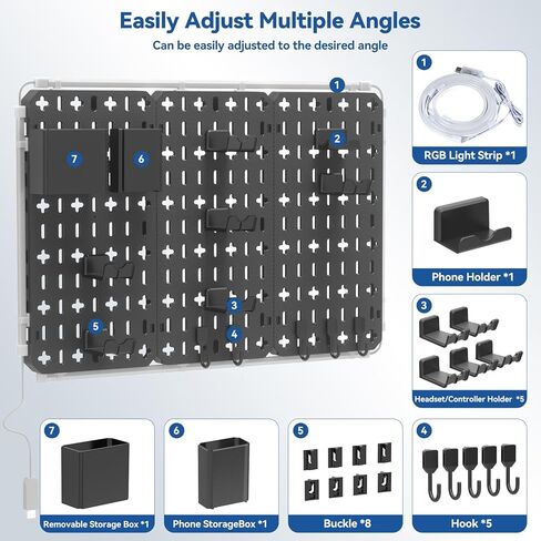 KDD 9 in 1 RGB Gaming Wall Organizer Peg Board - مجموعة مجموعة Pegboard DIY مع حامل الهاتف / حامل القلم / صندوق التخزين / سماعة الرأس وحامل وحدة التحكم / الخطافات لإكسسوارات ديكور غرفة الألعاب في المكتب والمنزل in Kuwait