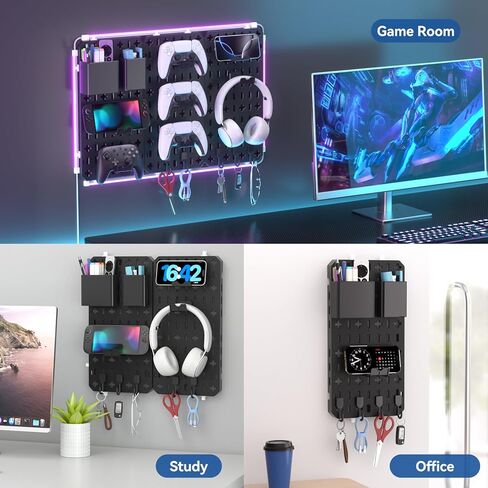 KDD 9 in 1 RGB Gaming Wall Organizer Peg Board - مجموعة مجموعة Pegboard DIY مع حامل الهاتف / حامل القلم / صندوق التخزين / سماعة الرأس وحامل وحدة التحكم / الخطافات لإكسسوارات ديكور غرفة الألعاب في المكتب والمنزل in Kuwait