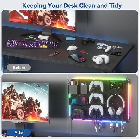 KDD 9 in 1 RGB Gaming Wall Organizer Peg Board - مجموعة مجموعة Pegboard DIY مع حامل الهاتف / حامل القلم / صندوق التخزين / سماعة الرأس وحامل وحدة التحكم / الخطافات لإكسسوارات ديكور غرفة الألعاب في المكتب والمنزل in Kuwait