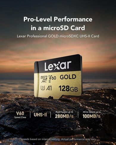 بطاقة Lexar GOLD Micro SD سعة 128 جيجابايت، بطاقة ذاكرة فلاش microSDXC UHS-II، V60، U3، A1، C10 بطاقة microSD، قراءة تصل إلى 280 ميجابايت/ثانية، بطاقة TF للطائرة بدون طيار/كاميرا الحركة/جهاز الألعاب المحمول UHS-II (LMSGOLD128G-BNNNG) in Kuwait