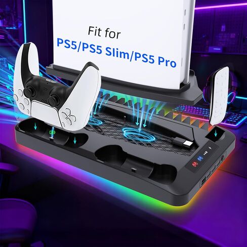 محطة تبريد لأقراص Ps5/Slim/Pro ومنظم حامل رأسي رقمي لـ Playstation 5 مع شاحن وحدة تحكم مزدوج، 16 فتحة ألعاب، 7 Rgb، 3 مروحة تبريد على مستوى، 3 منافذ USB، سماعة رأس وحامل جهاز تحكم عن بعد (أسود) in Kuwait