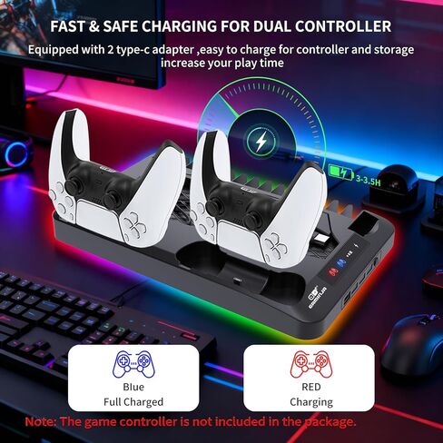 محطة تبريد لأقراص Ps5/Slim/Pro ومنظم حامل رأسي رقمي لـ Playstation 5 مع شاحن وحدة تحكم مزدوج، 16 فتحة ألعاب، 7 Rgb، 3 مروحة تبريد على مستوى، 3 منافذ USB، سماعة رأس وحامل جهاز تحكم عن بعد (أسود) in Kuwait