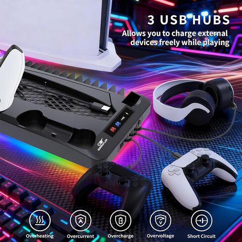 محطة تبريد لأقراص Ps5/Slim/Pro ومنظم حامل رأسي رقمي لـ Playstation 5 مع شاحن وحدة تحكم مزدوج، 16 فتحة ألعاب، 7 Rgb، 3 مروحة تبريد على مستوى، 3 منافذ USB، سماعة رأس وحامل جهاز تحكم عن بعد (أسود) in Kuwait