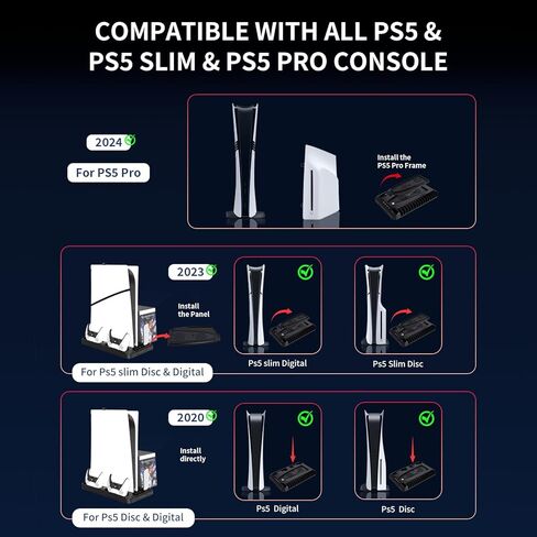 محطة تبريد لأقراص Ps5/Slim/Pro ومنظم حامل رأسي رقمي لـ Playstation 5 مع شاحن وحدة تحكم مزدوج، 16 فتحة ألعاب، 7 Rgb، 3 مروحة تبريد على مستوى، 3 منافذ USB، سماعة رأس وحامل جهاز تحكم عن بعد (أسود) in Kuwait