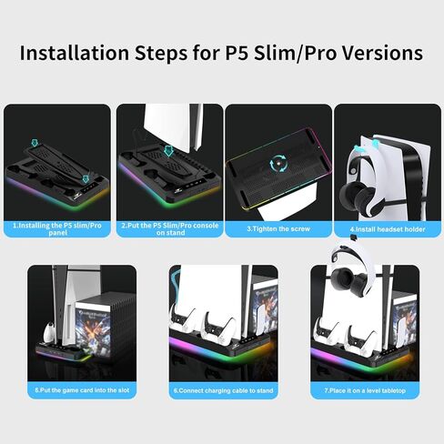 محطة تبريد لأقراص Ps5/Slim/Pro ومنظم حامل رأسي رقمي لـ Playstation 5 مع شاحن وحدة تحكم مزدوج، 16 فتحة ألعاب، 7 Rgb، 3 مروحة تبريد على مستوى، 3 منافذ USB، سماعة رأس وحامل جهاز تحكم عن بعد (أسود) in Kuwait