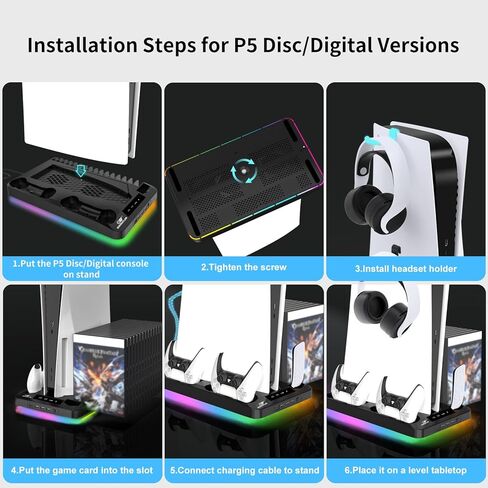 محطة تبريد لأقراص Ps5/Slim/Pro ومنظم حامل رأسي رقمي لـ Playstation 5 مع شاحن وحدة تحكم مزدوج، 16 فتحة ألعاب، 7 Rgb، 3 مروحة تبريد على مستوى، 3 منافذ USB، سماعة رأس وحامل جهاز تحكم عن بعد (أسود) in Kuwait