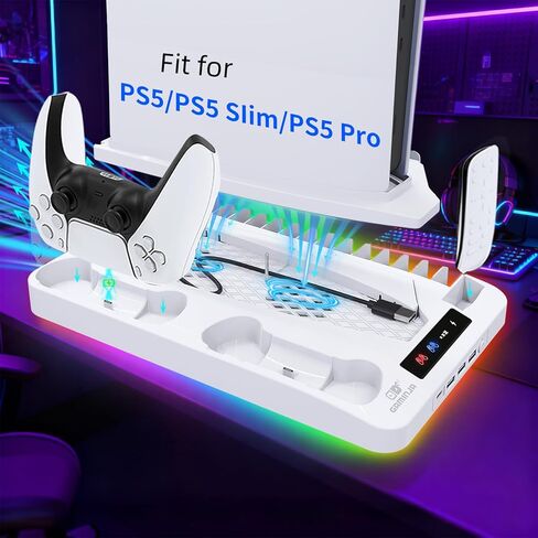 محطة تبريد لأقراص Ps5/Slim/Pro ومنظم حامل رأسي رقمي لـ Playstation 5 مع شاحن وحدة تحكم مزدوج، 16 فتحة ألعاب، 7 Rgb، 3 مروحة تبريد على مستوى، 3 منافذ USB، سماعة رأس وحامل جهاز تحكم عن بعد (أسود) in Kuwait