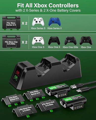 Rechargeable-Battery-Pack-for-Xbox-Controller with Charging Station, 2x4800mWh Batteries with Charger Dock for Xbox Series X|S/One X|S/Elite Controllers, for Xbox Play and Charge Kit with 4 Covers in Saudi Arabia