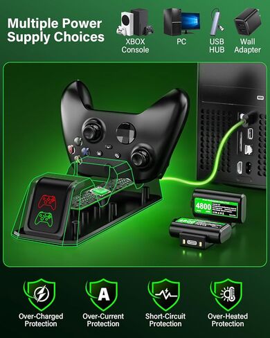 حزمة بطارية قابلة لإعادة الشحن لوحدة تحكم Xbox مع محطة شحن، بطاريات 2x4800 مللي واط في الساعة مع قاعدة شاحن لأجهزة تحكم Xbox Series X|S/One X|S/Elite، لأجهزة Xbox Play ومجموعة الشحن مع 4 أغطية in Kuwait
