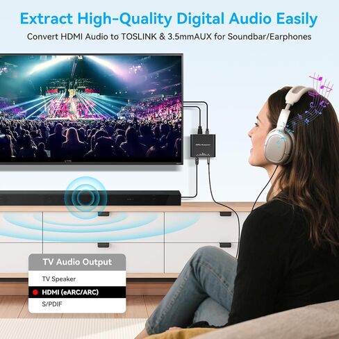 VPFET HDMI ARC مستخرج الصوت يعمل فقط من أجل HDTV ARC إلى HDMI ARC البصري إلى RCA محول الصوت RCA إلى 3.5 مم AUX + Toslink يدعم الإخراج 192 كيلو هرتز لمكبر الصوت مكبر الصوت بدون CEC in Kuwait