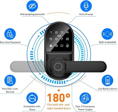 قفل باب بلوحة مفاتيح ذكية مع مقبض، قفل رقمي للدخول بدون مفتاح ببصمة الإصبع مع جرس باب مدمج للباب الأمامي، وغرفة النوم، ومقبض الباب البيومتري، والتحكم في التطبيق in Kuwait