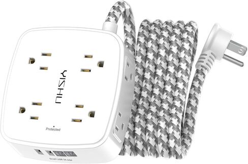 شريط طاقة واقي من زيادة التيار بطول 6 أقدام - 8 منافذ واسعة مع 4 منافذ USB، موسع 3 منافذ جانبية مع سلك تمديد بطول 6 أقدام، قابس مسطح، حامل على الحائط، محطة شحن USB للمكتب، ETL، أبيض in Kuwait
