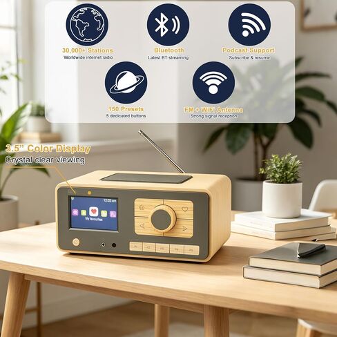 راديو الإنترنت Ocean Digital WR-393 WiFi مع FM، Podcast، مكبر صوت بلوتوث، شاشة ملونة 3.5 بوصة، أكثر من 30.000 محطة، بث UPnP/DLNA، ساعة منبه مزدوجة، مؤقت للنوم، جهاز تحكم عن بعد، يعمل بالتيار الكهربائي in Kuwait