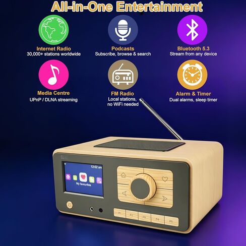 راديو الإنترنت Ocean Digital WR-393 WiFi مع FM، Podcast، مكبر صوت بلوتوث، شاشة ملونة 3.5 بوصة، أكثر من 30.000 محطة، بث UPnP/DLNA، ساعة منبه مزدوجة، مؤقت للنوم، جهاز تحكم عن بعد، يعمل بالتيار الكهربائي in Kuwait