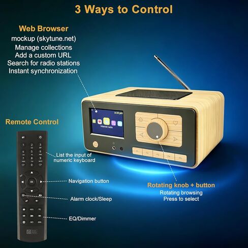 راديو الإنترنت Ocean Digital WR-393 WiFi مع FM، Podcast، مكبر صوت بلوتوث، شاشة ملونة 3.5 بوصة، أكثر من 30.000 محطة، بث UPnP/DLNA، ساعة منبه مزدوجة، مؤقت للنوم، جهاز تحكم عن بعد، يعمل بالتيار الكهربائي in Kuwait