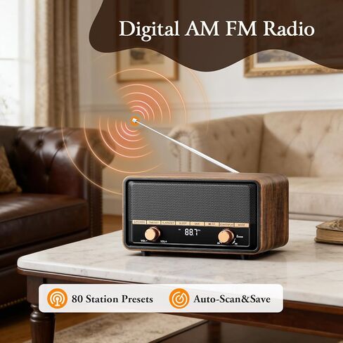 راديو AM FM خشبي عتيق مع بلوتوث، راديو ساعة رقمية مع 80 محطة مسبقة، انقر للغفوة، مؤقت النوم، شاشة LCD شفافة للمكتب المنزلي (جوز عميق) in Kuwait
