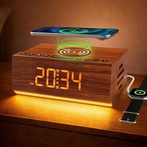 Hoifen Wooden Digital Alarm Clock with Bluetooth Speaker, Wireless Charging, FM Radio, Night Light, Auto Time Sync, Dual Alarms, USB Port, 9-Min Snooze for Bedroom, Desk, Bedside Clock Home Decor Gift in Saudi Arabia