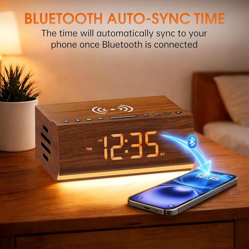 Hoifen Wooden Digital Alarm Clock with Bluetooth Speaker, Wireless Charging, FM Radio, Night Light, Auto Time Sync, Dual Alarms, USB Port, 9-Min Snooze for Bedroom, Desk, Bedside Clock Home Decor Gift in Saudi Arabia
