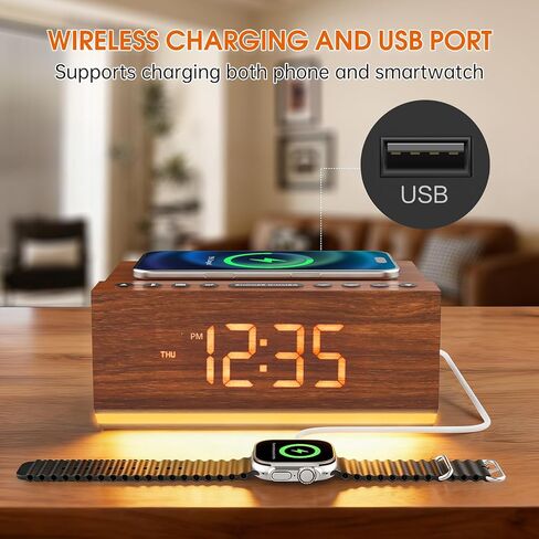 Hoifen Wooden Digital Alarm Clock with Bluetooth Speaker, Wireless Charging, FM Radio, Night Light, Auto Time Sync, Dual Alarms, USB Port, 9-Min Snooze for Bedroom, Desk, Bedside Clock Home Decor Gift in Saudi Arabia