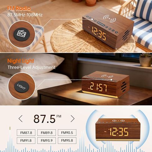 Hoifen Wooden Digital Alarm Clock with Bluetooth Speaker, Wireless Charging, FM Radio, Night Light, Auto Time Sync, Dual Alarms, USB Port, 9-Min Snooze for Bedroom, Desk, Bedside Clock Home Decor Gift in Saudi Arabia