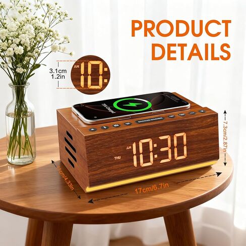 Hoifen Wooden Digital Alarm Clock with Bluetooth Speaker, Wireless Charging, FM Radio, Night Light, Auto Time Sync, Dual Alarms, USB Port, 9-Min Snooze for Bedroom, Desk, Bedside Clock Home Decor Gift in Saudi Arabia