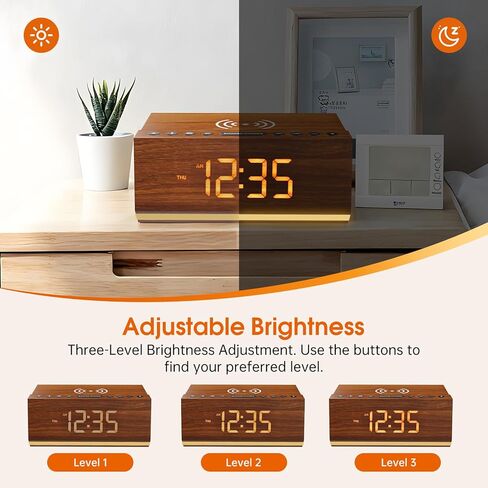 Hoifen Wooden Digital Alarm Clock with Bluetooth Speaker, Wireless Charging, FM Radio, Night Light, Auto Time Sync, Dual Alarms, USB Port, 9-Min Snooze for Bedroom, Desk, Bedside Clock Home Decor Gift in Saudi Arabia