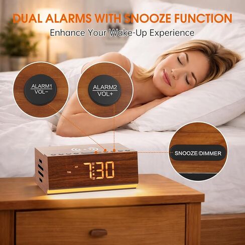 Hoifen Wooden Digital Alarm Clock with Bluetooth Speaker, Wireless Charging, FM Radio, Night Light, Auto Time Sync, Dual Alarms, USB Port, 9-Min Snooze for Bedroom, Desk, Bedside Clock Home Decor Gift in Saudi Arabia