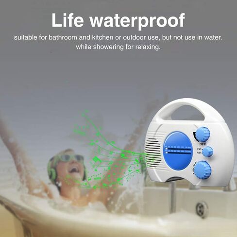Portable AM/FM Shower Radio, Waterproof Hanging Bathroom Radio Built-in Speaker, Adjustable Volume with Rotating Knob, Battery Operated for Bathroom, Kitchen, Outdoor in Saudi Arabia