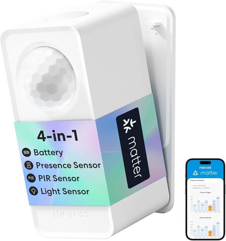 meross Matter Presence Sensor MS605, Battery-Powered 4-in-1 Smart Motion Sensor with AI Learning, IP67 PIR & Light & mmWave Radar, Matter Over Thread, Supports Home Assistant, HomeKit, Alexa (1 Pack) in Kuwait