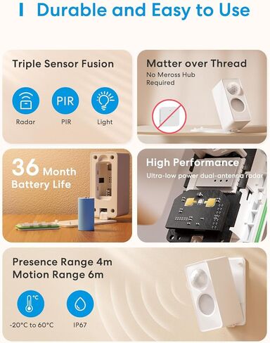 meross Matter Presence Sensor MS605, Battery-Powered 4-in-1 Smart Motion Sensor with AI Learning, IP67 PIR & Light & mmWave Radar, Matter Over Thread, Supports Home Assistant, HomeKit, Alexa (1 Pack) in Saudi Arabia