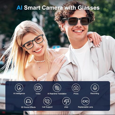 نظارات ذكية بتقنية الذكاء الاصطناعي مع كاميرا بدقة 8 ميجابكسل، فيديو بدقة 4K، التقاط الصور، الترجمة في الوقت الفعلي، التسجيل، مساعد الذكاء الاصطناعي، صوت مفتوح الأذن، بلوتوث، التعرف على الأشياء، عدسات النظارات الشمسية القابلة للاستبدال للرجال والنساء in Kuwait