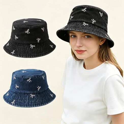 2Pc Embroidered Denim Fisherman Hat for Men, Wide Brimmed Protection, Fashionable and Versatile, Showing Off Face in Saudi Arabia
