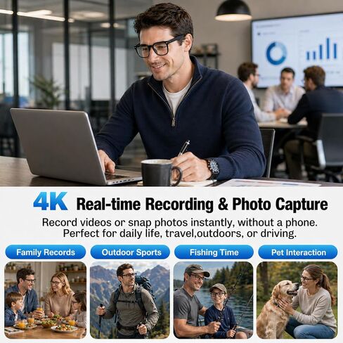 نظارات ذكية بتقنية الذكاء الاصطناعي مع كاميرا، التقاط فيديو وصور بدقة 4K HD، ترجمة فورية، نظارات تسجيل مع مساعد الذكاء الاصطناعي، صوت مفتوح الأذن، التعرف على الأشياء، بلوتوث، للسفر (عدسة شفافة) in Kuwait