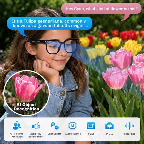 نظارات ذكية بتقنية الذكاء الاصطناعي مع كاميرا، التقاط فيديو وصور بدقة 4K HD، ترجمة فورية، نظارات تسجيل مع مساعد الذكاء الاصطناعي، صوت مفتوح الأذن، التعرف على الأشياء، بلوتوث، للسفر (عدسة شفافة) in Kuwait