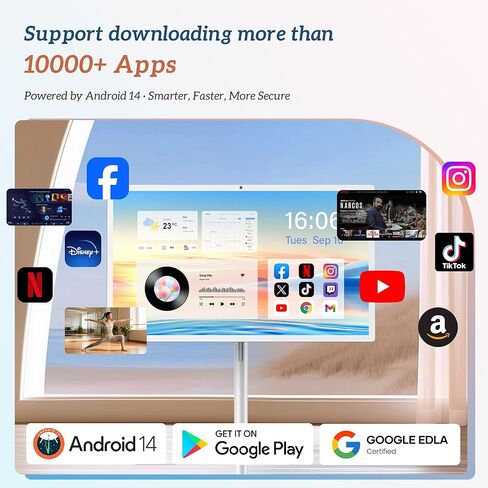 32" Smart Portable TV on Wheels, UHD Touch Screen Rolling TV, 16GB RAM + 128GB Storage, Powerful Qualcomm Snapdragon CPU, Android 14 EDLA Certified, Supports Google Play with 10000+ Apps in Saudi Arabia